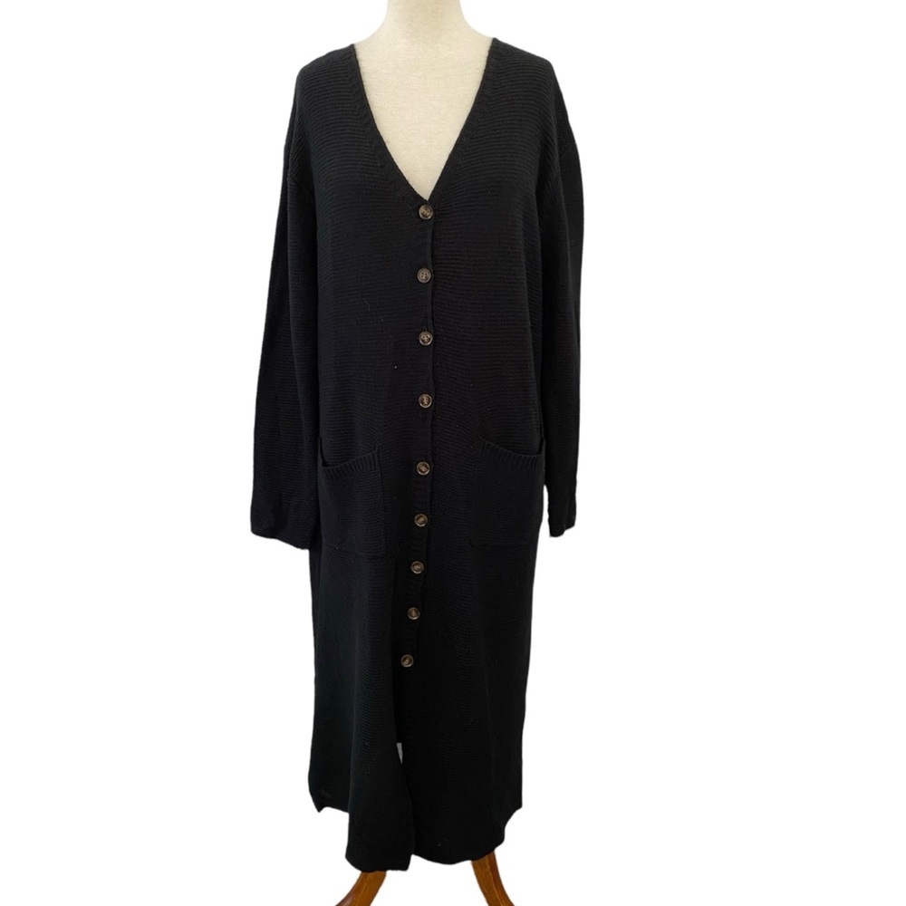 Oversized Lagenlook Black Button Front V-Neck Sweater Dress